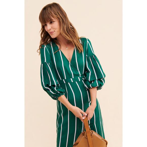 Steele Anthropologie Meyer Stripe Wrap Linen Midi Dress Women's Small Petite - Picture 3 of 11